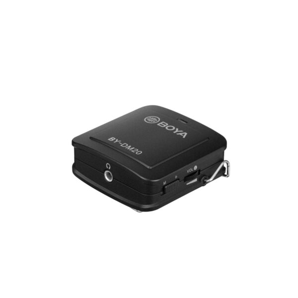 Black rectangular Boya BY-DM20 Dual Lavalier microphone long transmitter with visible ports and switches on the side, on a white background.