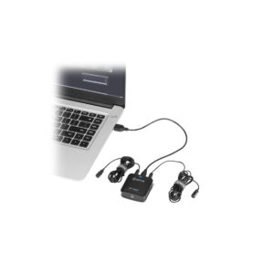 The black Boya BY-DM20 Dual Lavalier Microphone with USB audio interface is connected to a silver laptop. Two wired lavalier microphones are connected to the jack, with the cables neatly twisted close together. The background is white.