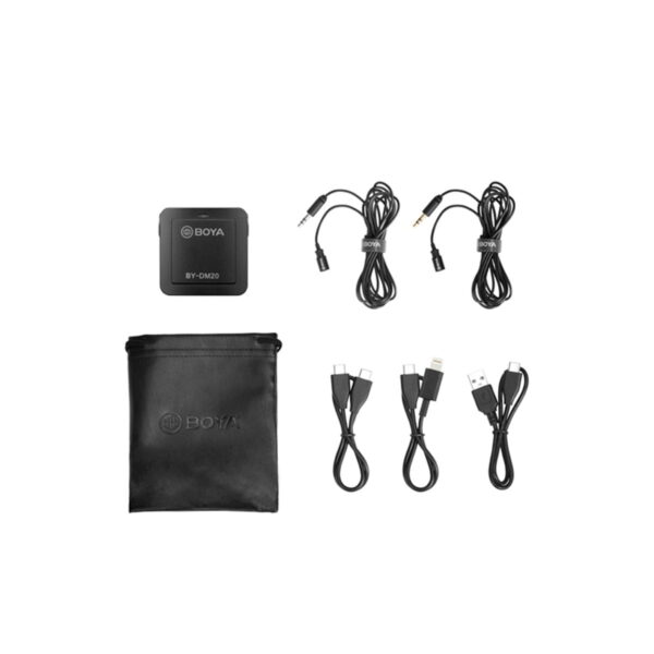 The Boya BY-DM20 Dual Lavalier microphone set, featuring a compact black unit, two audio cables, a black storage bag and three USB charging cables, all neatly arranged on a white background.