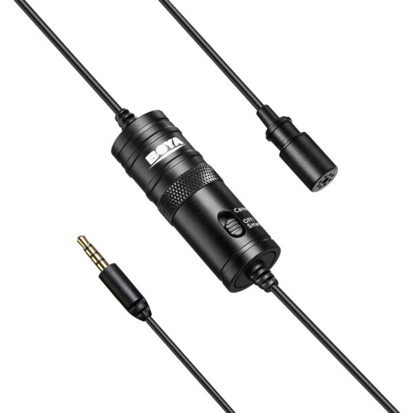 Boya BY-M1 Lavalier 3,5 mm mikrofoni on musta, kameroiden ja älypuhelimien kanssa yhteensopiva, linjassa olevalla ohjauskytkimellä varustettu ympärisäteilevä mikrofoni.