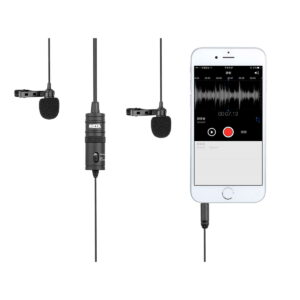 Two Boya BY-M1DM Dual Lavalier 3.5mm microphones with foam covers are connected to a white smartphone, which displays a recording app with audio waveform and timer.