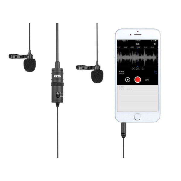 Two Boya BY-M1DM Dual Lavalier 3.5mm microphones with foam covers are connected to a white smartphone, which displays a recording app with audio waveform and timer.
