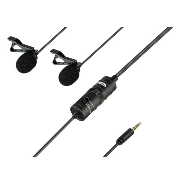 The Boya BY-M1DM Dual Lavalier 3.5mm microphone features two black clip-on microphones with foam covers, connected by a single cable and a control module that terminates in a 3.5mm audio jack, shown in white on the picture.