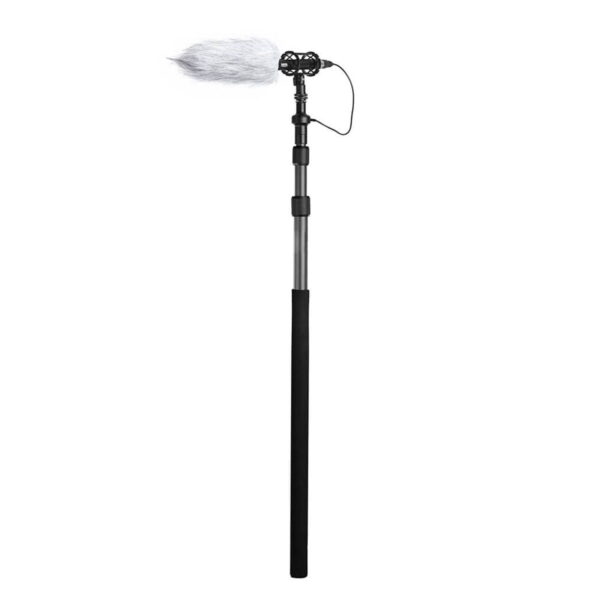 Boya-BY-PB25-2 The Boya BY-PB25 Microphone Stand is a black and silver boom pole with a mounted microphone with a furry windscreen, ideal for recording sound in film or video production.