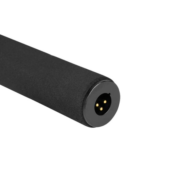 Boya-BY-PB25-4 The close-up of the Boya BY-PB25 microphone stand shows its black cylindrical body with matte finish and three-pin XLR connector head against a white background.