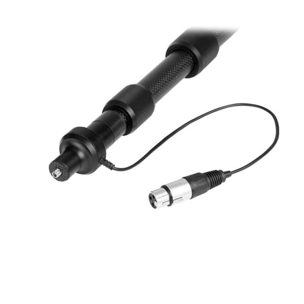 Boya-BY-PB25-5 Close-up of the Boya BY-PB25 Microphone stand, a black carbon fibre boom pole with coiled cable and detachable XLR connector, designed for professional sound reproduction and microphone setup.