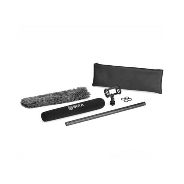 The Boya BY-PVM3000L XLR long shotgun condenser microphone kit includes a grey furry windscreen, a black foam BOYA cover, a shock mount with rubber bands and a black zippered carrying bag.