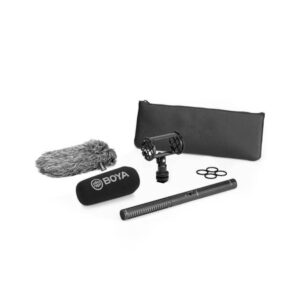 The Boya BY-PVM3000S XLR Shotgun Condenser Microphone (Short) kit includes a shotgun microphone, foam windscreen, fur windscreen, shock mount, rubber bands and a black bag - all on a white background.