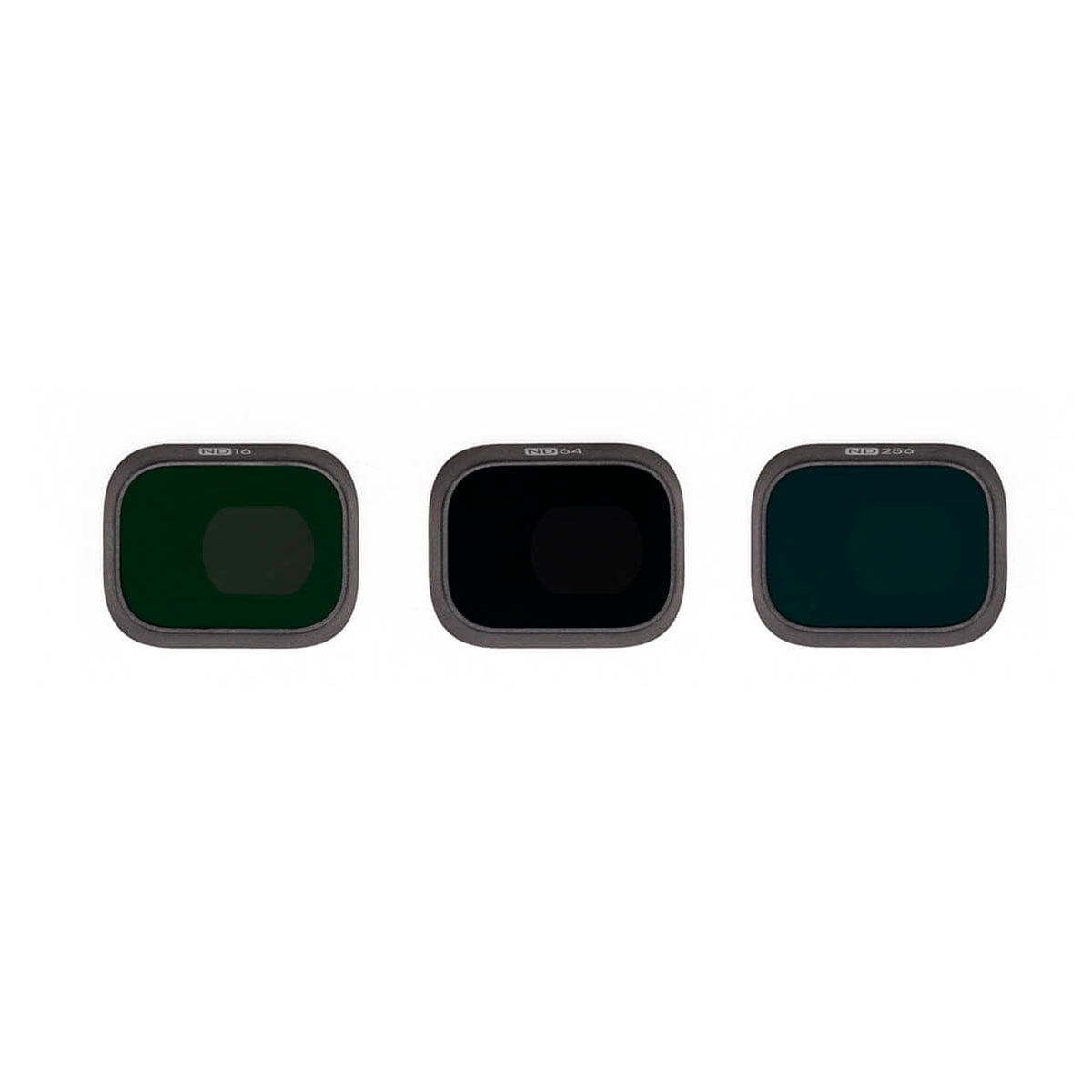 The DJI Mini 3 Pro ND filter kit (ND16, ND64, ND256) includes three rectangular camera lens filters with dark tinted glass and thin, dark frames that appear in a row against a white background. Each provides a different level of light reduction.