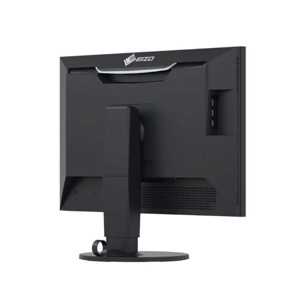 The Eizo 24" ColorEdge CS2420-BK computer monitor in black is visible from the back and features an adjustable stand, side ports and ventilation slots, all against a white background.