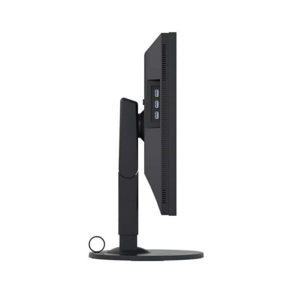 The Eizo 24" ColorEdge CS2420-BK monitor, shown in black in the side view, has a slim profile, a sturdy stand and two visible USB ports on the rear panel. The background is plain white.