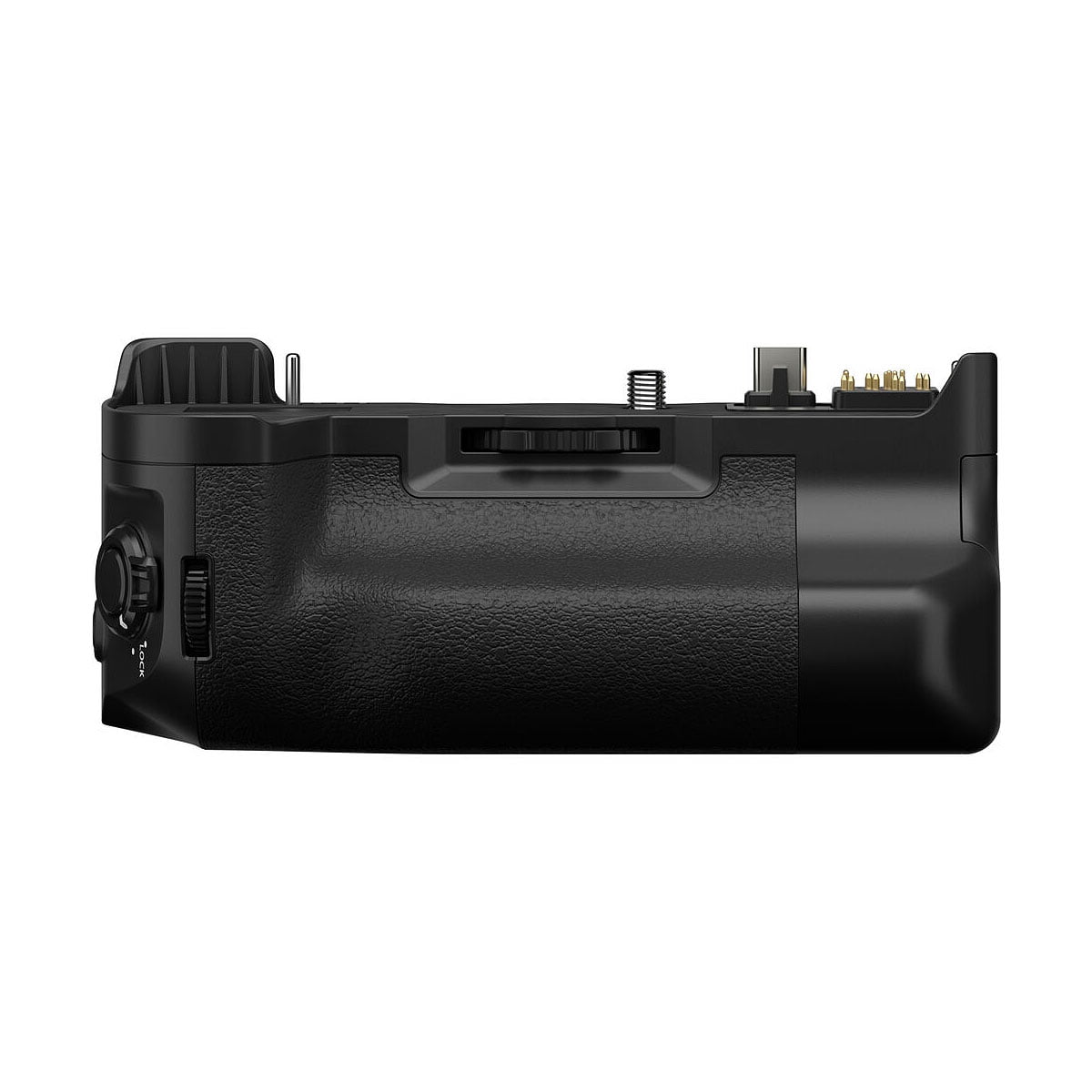 The Fujifilm VG-XH - Battery Grip is a black battery grip with a textured handle, adjustment wheels and connection ports visible from the side against a white background.