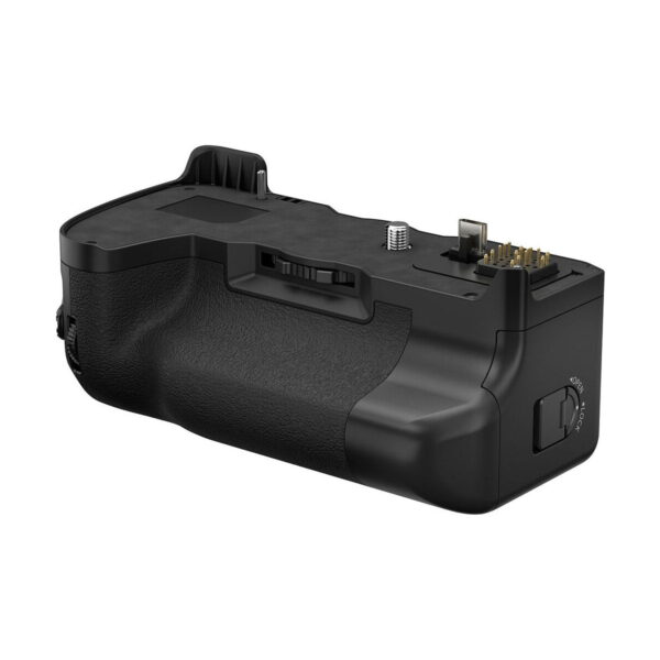 Fujifilm_VG-XH_003 The Fujifilm VG-XH Battery Grip is a black battery grip with a textured handle, adjustment wheel and metal mounting screw, designed to be attached to the base of a DSLR or mirrorless camera.