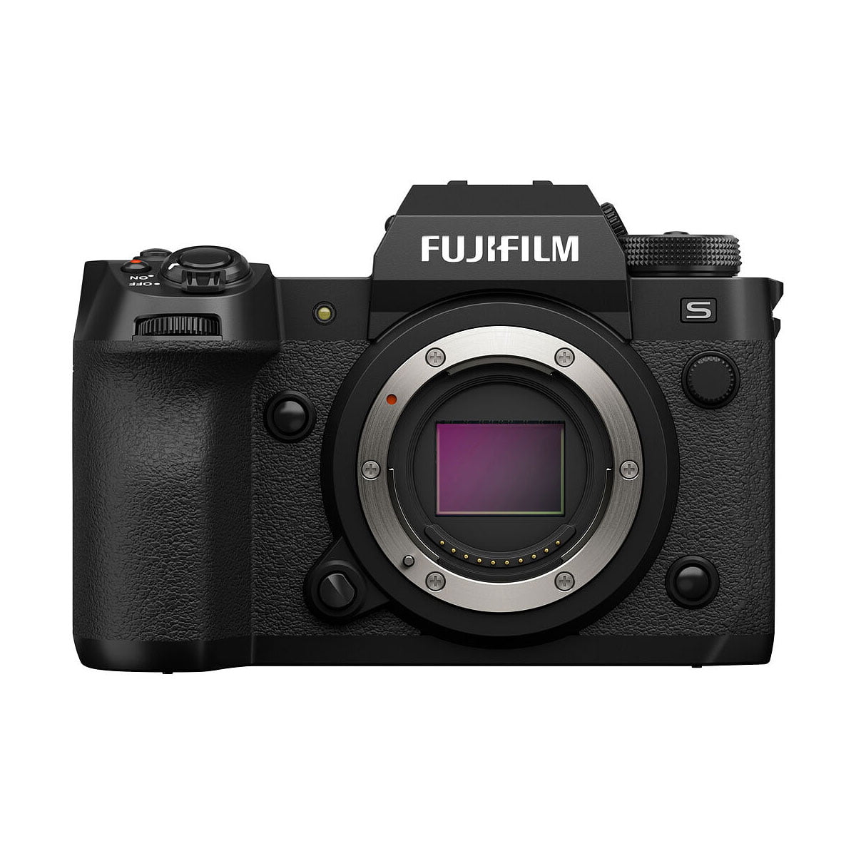 Etukuva Fujifilm X-H2S -järjestelmäkameran rungosta ilman objektiivia, jossa on kuvakenno ja säätimet valkoista taustaa vasten.