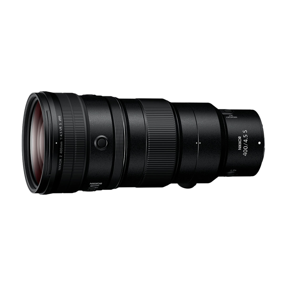 Musta Nikon Nikkor Z 400mm f/4.5 VR S -objektiivi teleobjektiivi, jossa on säätörenkaat ja painikkeet valkoisella pohjalla.