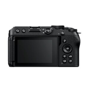 Kuvassa on Nikon Z30 -järjestelmäkameran takanäkymä, jossa on suuri nestekidenäyttö, useita ohjauspainikkeita ja kuvioitu kahva oikealla puolella.