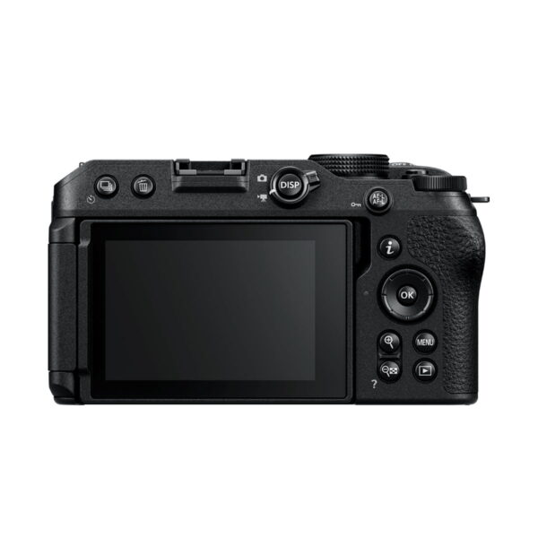 Kuvassa on Nikon Z30 -järjestelmäkameran takanäkymä, jossa on suuri nestekidenäyttö, useita ohjauspainikkeita ja kuvioitu kahva oikealla puolella.