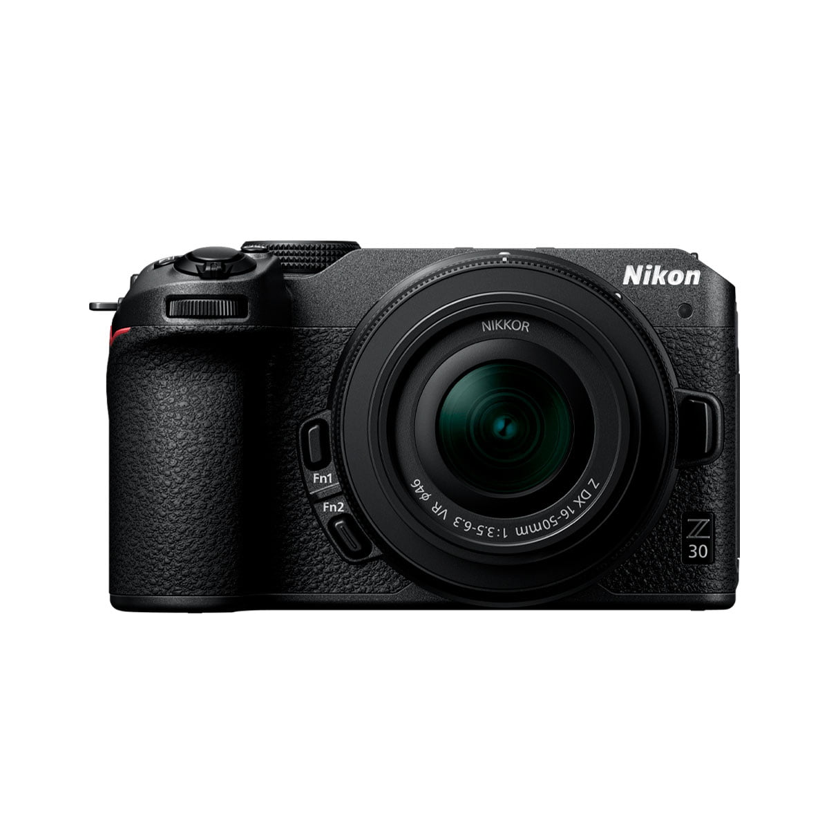 Nikon Z30 + Nikkor Z DX 16-50mm f/3.5-6.3 VR -peilittömän mustan kameran etukuva, jossa näkyy Nikonin logo ja kameran rungossa näkyvät painikkeet ja säätimet.