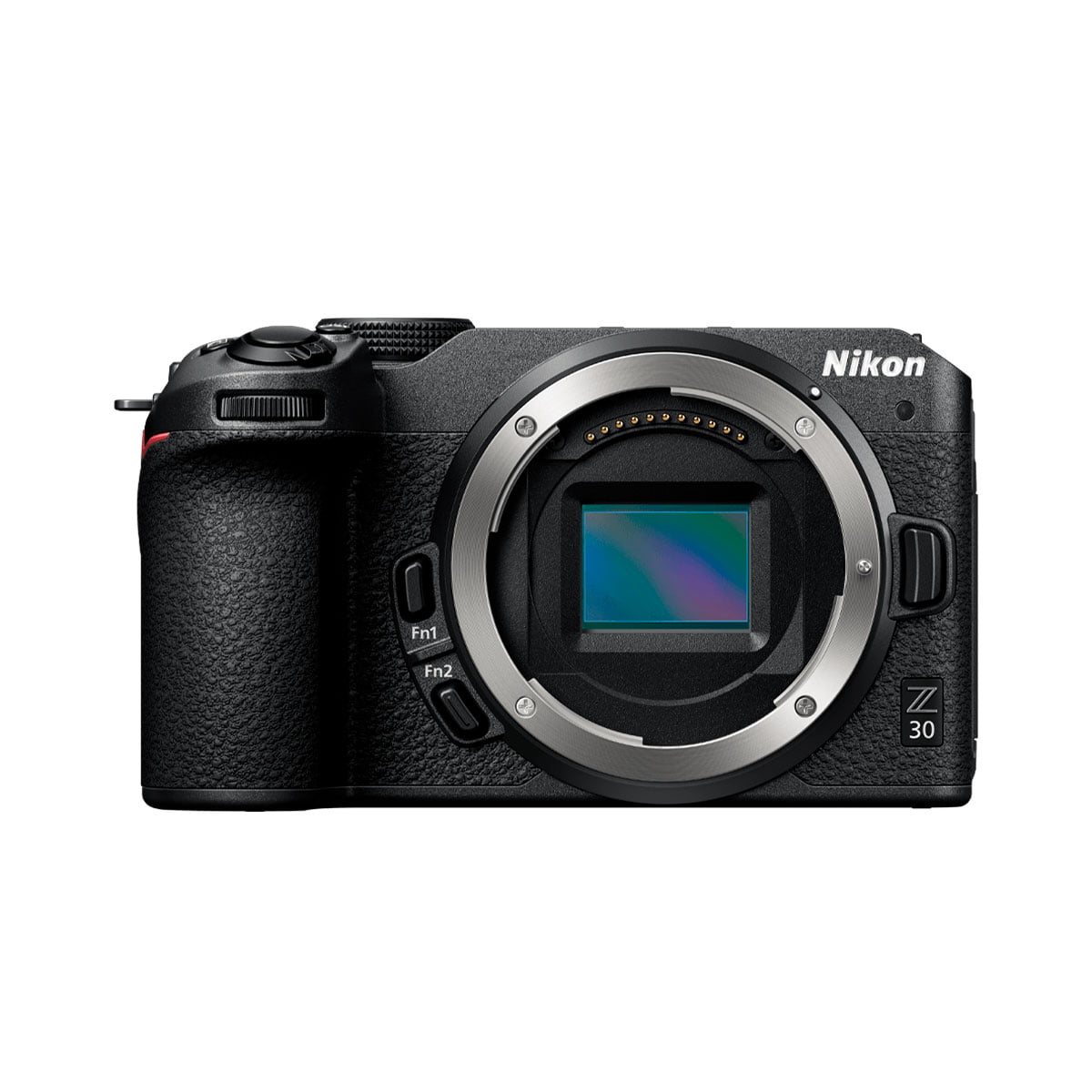 The front view of the Nikon Z30 system camera shows its black body, lens mount, sensor and various buttons and controls.