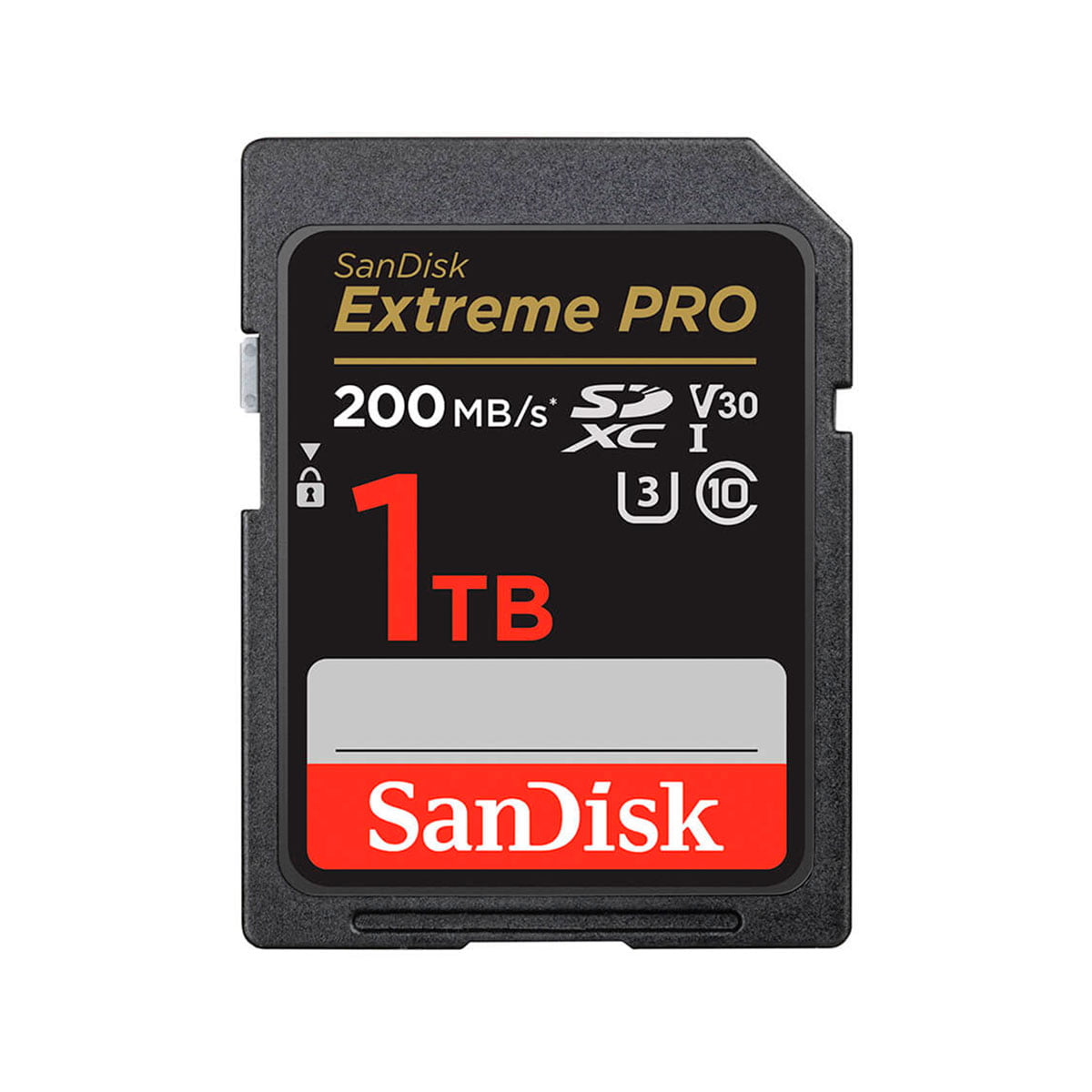 Sandisk SDXC 1TB Extreme Pro 200MB/s -muistikortti on musta muistikortti, jossa on punainen ja kultainen merkintä ja joka tarjoaa UHS-I, U3, V30 ja Class 10 -luokitukset nopeaan ja luotettavaan tallennukseen.