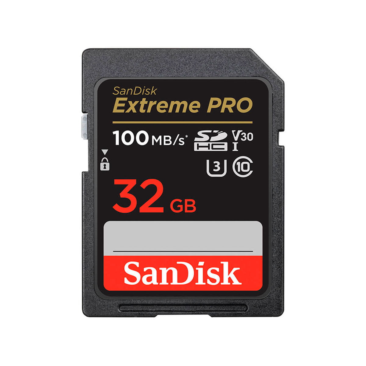 Sandisk SDXC 32GB Extreme Pro 100MB/s -muistikortti on musta SD-kortti, jonka ominaisuudet ja nopeusluokka on merkitty kultaisella, valkoisella ja punaisella tekstillä ja symboleilla.