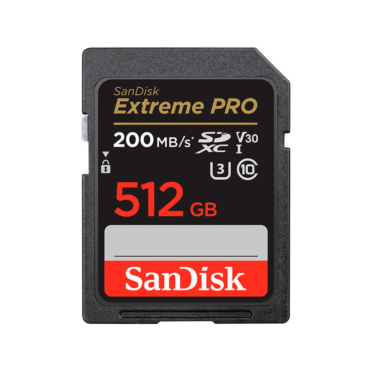 Sandisk SDXC 512GB Extreme Pro 200MB/s -muistikortti, jossa on merkintä V30, U3 ja Class 10, näkyy valkoisella pohjalla.