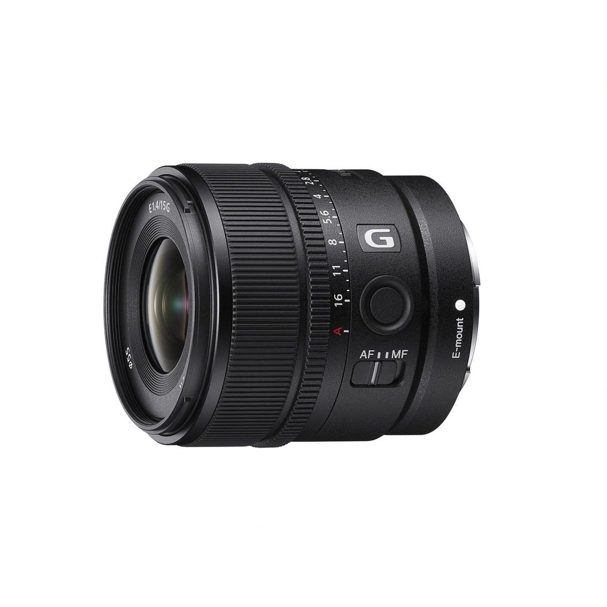 Black Sony E 15mm f/1.4 G lens with focus mode switch and aperture ring, against a white background.