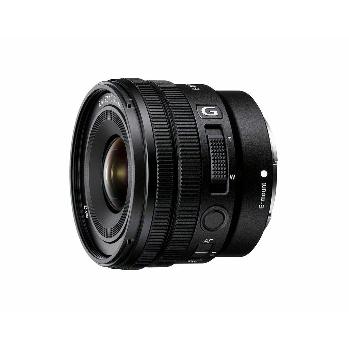 Musta Sony E PZ 10-20mm f/4 G -objektiivi, jossa on zoomaus- ja tarkennusrenkaat ja jossa on merkinnät G ja E-mount, näkyy valkoista taustaa vasten. Objektiivissa on erilaisia säätimiä ja merkintöjä.