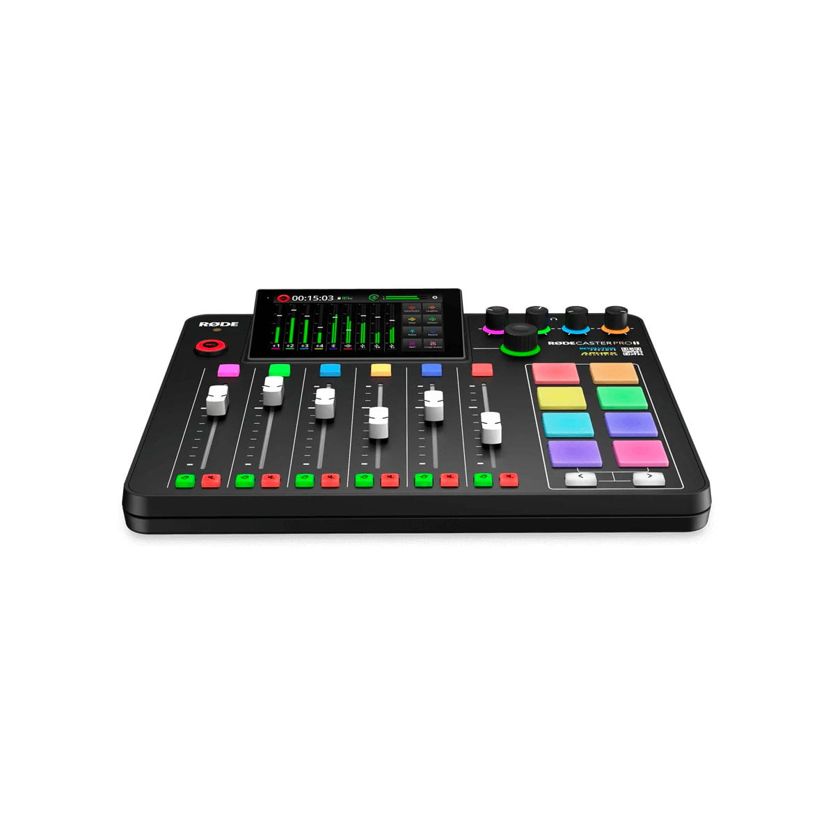 The Rode Rodecaster Pro II USB sound card is a black sound mixer console with faders, coloured pads, control knobs and a digital display on a white background.