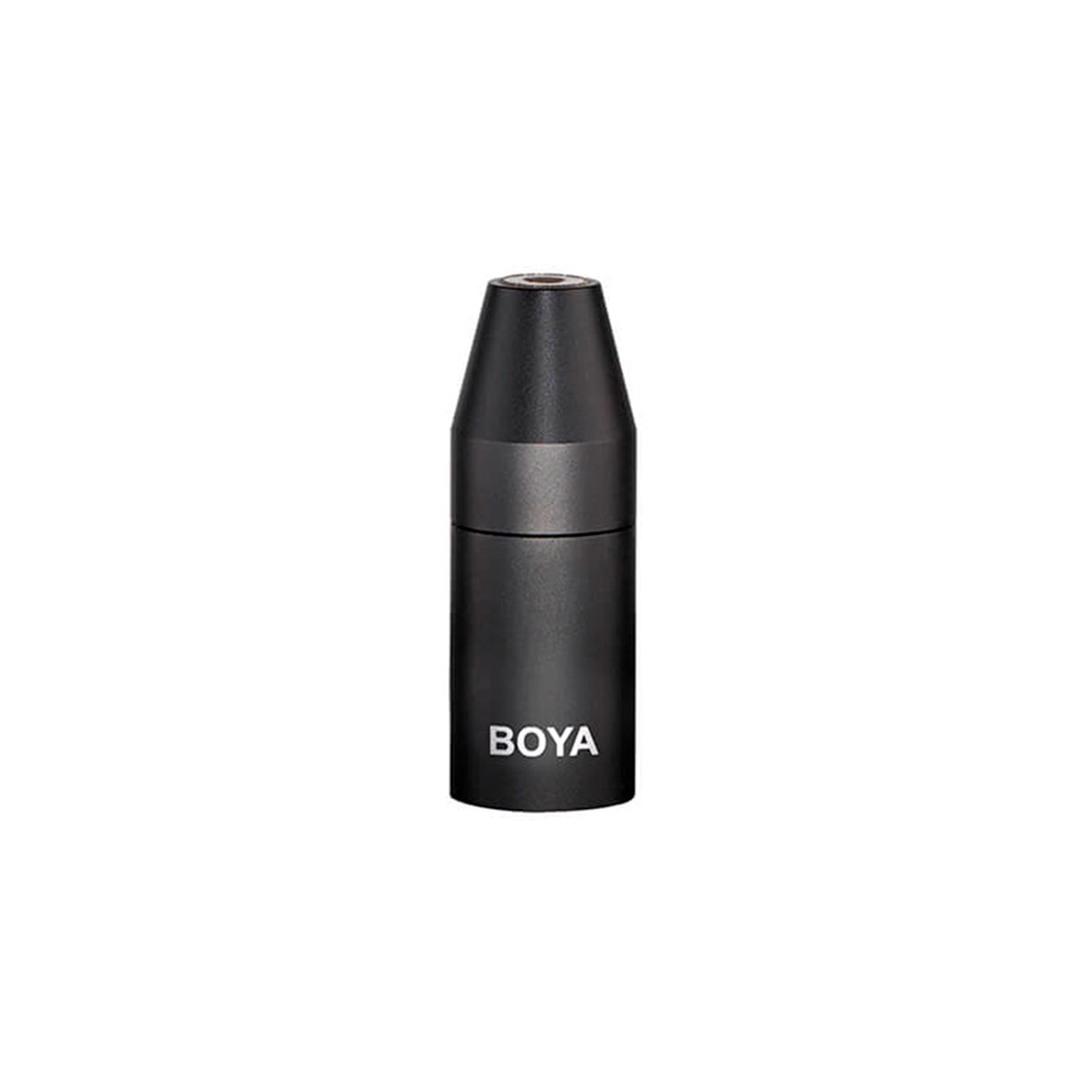 Pienikokoinen, sylinterimäinen musta Boya 35C-XLR 3,5 mm:n ja XLR-mikrofonisovitin, jossa on valkoisella painettu "BOYA" lähellä pohjaa, kuvassa valkoista taustaa vasten.
