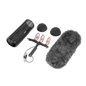 The Boya BY-WS1000 Professional windscreen kit includes a black mesh vase, two round shock absorbers, a pistol grip with XLR cable, two red ribbon shock absorbers and a hairy windscreen.