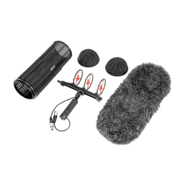 The Boya BY-WS1000 Professional windscreen kit includes a black mesh vase, two round shock absorbers, a pistol grip with XLR cable, two red ribbon shock absorbers and a hairy windscreen.