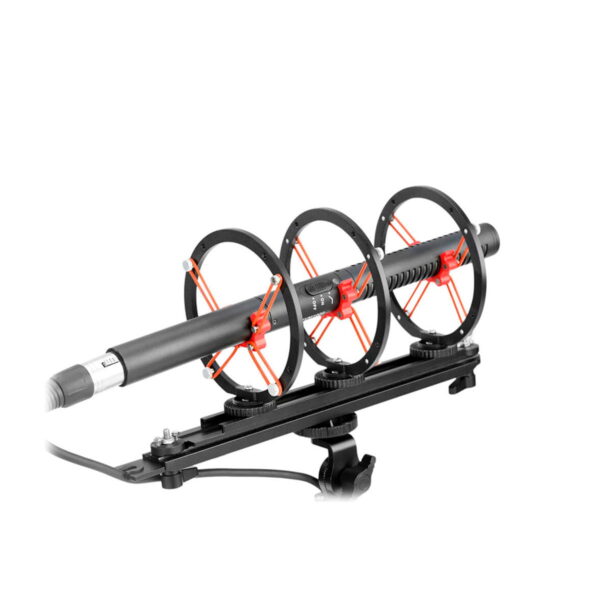 The Boya BY-WS1000 Professional windscreen is pictured mounted on an impact bracket with three round suspension rings and red rubber bands on a black support rod, insulated against a white background.