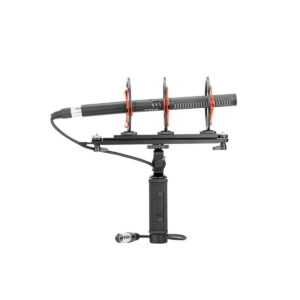 The Boya BY-WS1000 Professional windscreen is pictured attached to a hand-held shock mount with XLR cable connected, isolated on a white background.