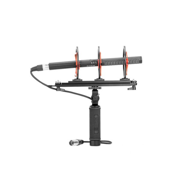 The Boya BY-WS1000 Professional windscreen is pictured attached to a hand-held shock mount with XLR cable connected, isolated on a white background.