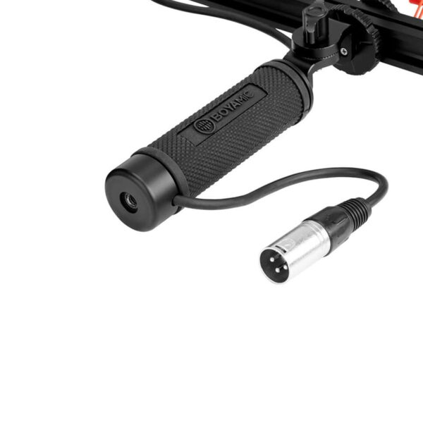 Close-up of a black Boya BY-WS1000 Professional windscreen with textured handle and connected XLR cable, against a white background.