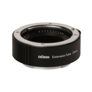 Dörr-loittorengas-Sony-E-4 Black Dörr 10/16/21mm Extension Tube Set The Sony Nex E extension tube, marked Extension Tube 21mm and intended for macro photography, is shown on a white background.