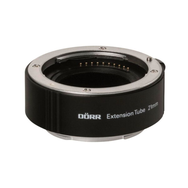 Dörr-loittorengas-Sony-E-4 Black Dörr 10/16/21mm Extension Tube Set The Sony Nex E extension tube, marked Extension Tube 21mm and intended for macro photography, is shown on a white background.