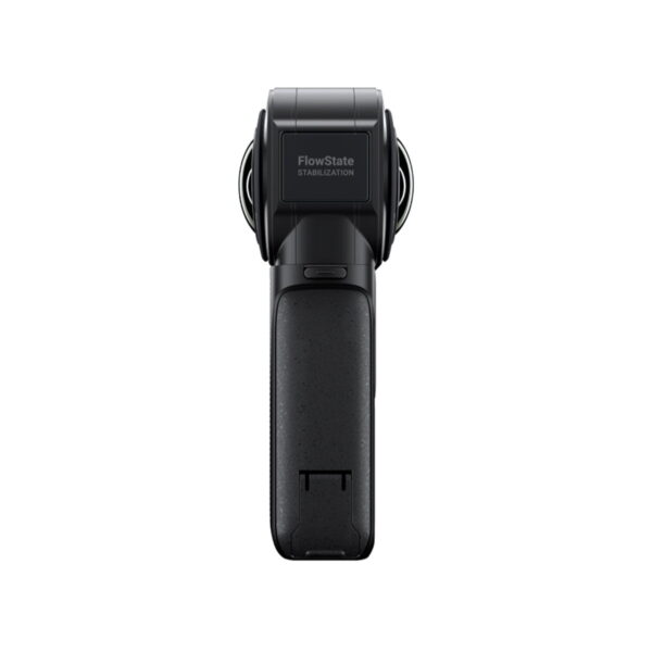 Insta360-One-RS-1-inch-360-edition-2 Insta360 One RS 1" 360 Edition, musta käsikamera, jossa on kaksi linssiä ja FlowState Stabilization -brändi, näkyy edestä valkoista taustaa vasten.