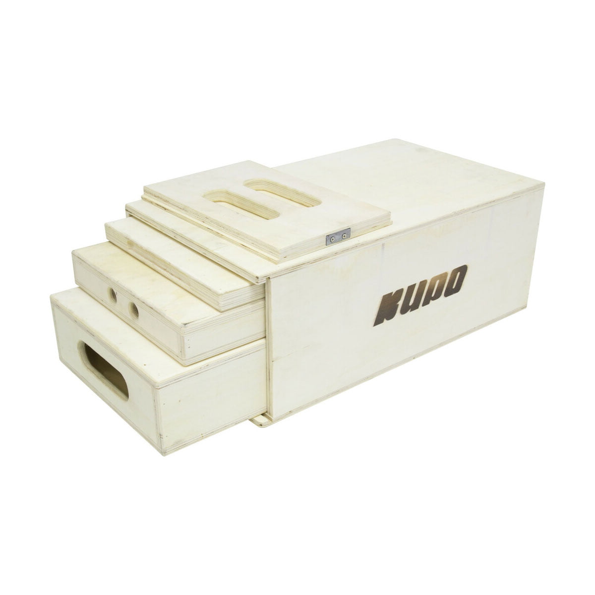 Kupo KAB-41K 4-1 Nesting Apple Box Set sisältää neljä erikokoista puulaatikkoa, joissa jokaisessa on kahvaleikkaus ja suurimmassa laatikossa on Kupo-brändinimi kyljessä.