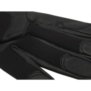 Close-up of the Kupo KH-55MB Ku-Hand Grip Gloves Goatskin - Medium, black with detailed stitching and textured goatskin leather and fabric on fingers and palm.