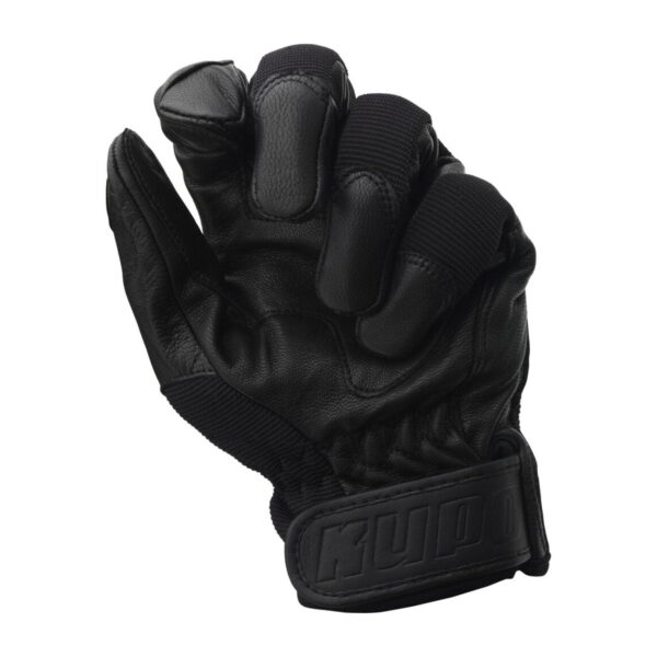 The Kupo KH-55MB Ku-Hand Grip Gloves (Medium) is a black goatskin martial arts glove with reinforced knuckles and a Velcro strap that is positioned as if half in the fist.