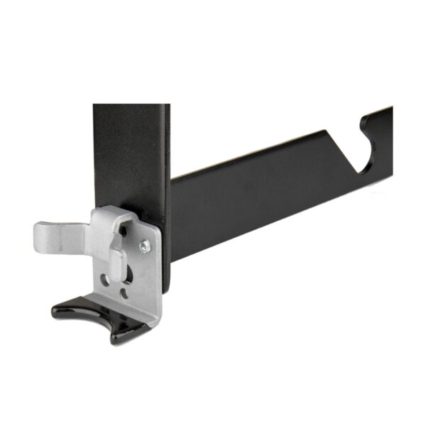 Close-up of the Kupo KP-KS02 three-hook set, with black metal frame with silver latch mechanism, probably part of a mounting bracket or support structure.