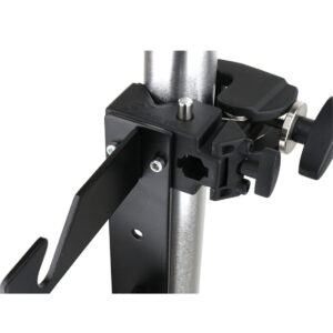 Close-up of the Kupo KP-KS02 Triple Hook Set metal holder with adjustment knobs attached to a vertical pole, black hook and durable mounting hardware.