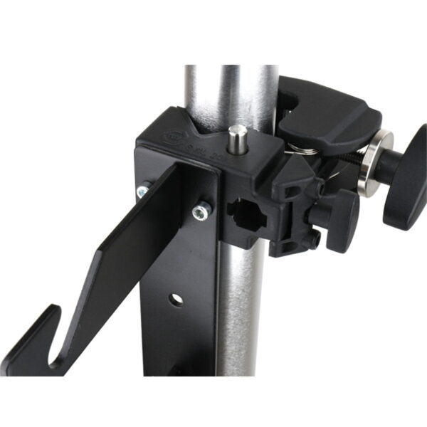 Close-up of the Kupo KP-KS02 Triple Hook Set metal holder with adjustment knobs attached to a vertical pole, black hook and durable mounting hardware.