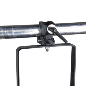 Kupo KS-005 M10 x 25 pin attaches a rectangular frame to a horizontal metal tube, which is held in place by a lever and screw mechanism.