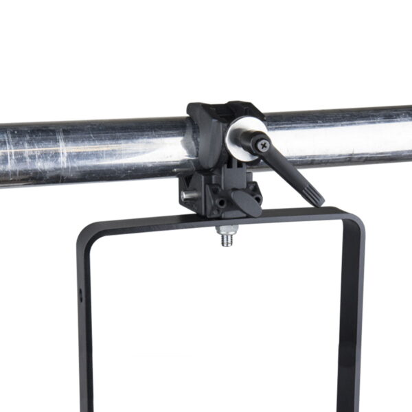 Kupo KS-005 M10 x 25 pin attaches a rectangular frame to a horizontal metal tube, which is held in place by a lever and screw mechanism.