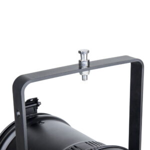 Close-up of the Kupo KS-005 M10 x 25 Stud mounting bracket and adjusting bolt on a black stage light, focusing on metallic fixtures.