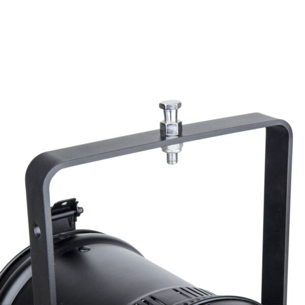 Close-up of the Kupo KS-005 M10 x 25 Stud mounting bracket and adjusting bolt on a black stage light, focusing on metallic fixtures.