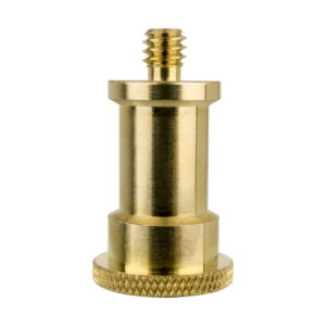 The Kupo KS-073 male adapter pin 5/8" and 3/8"-16 female is fitted with a cylindrical brass body, a ringed base and a small threaded screw at the top, and is presented with an insulated white base.